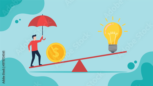 Balancing financial gain and creative ideas concept showing a professional on a seesaw with a coin and a lightbulb.