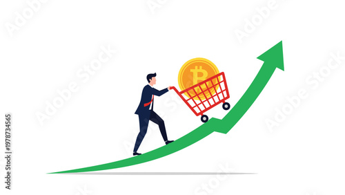 Cryptocurrency investment and market growth concept with a man pushing a bitcoin in a cart up an ascending arrow.