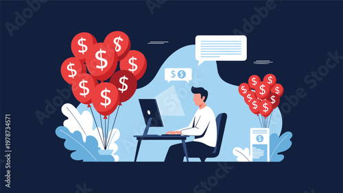 High income and financial success concept showing a professional at a computer surrounded by many dollar sign balloons.