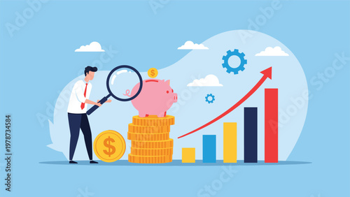 Financial expert investigating savings growth using magnifying glass on a pink piggy bank atop stacked gold coins.