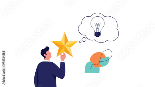 Recognition for a brilliant idea concept showing a professional holding a golden star and thinking of a lightbulb.
