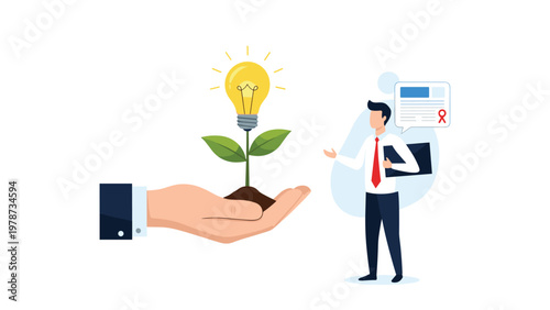 Business professional presenting a growing green plant with a lightbulb flower to represent a nurturing of creative ideas.