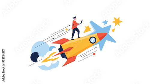Ambitious entrepreneur riding a fast moving rocket while using a laptop to symbolize rapid business growth and success.