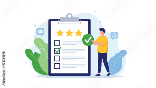 Customer providing positive feedback by placing a green check mark on a large rating board with three golden stars.