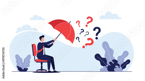 Resilient professional businessman holding a red umbrella to protect himself from falling blue and red question marks.