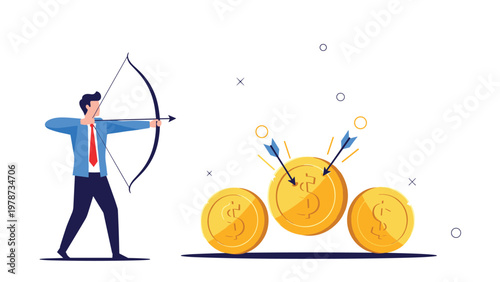 Skilled business archer aiming an arrow at a set of golden coins on a podium to demonstrate hitting financial targets.