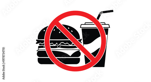 Prohibition sign depicting a burger and drink with a red circle and slash