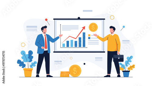 Two professional business colleagues analyzing a financial growth chart during an important corporate meeting or presentation.