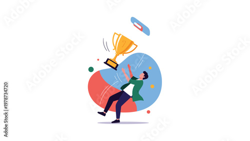 Ambitious professional businessman catching a golden trophy to celebrate success and achievement in his corporate career.