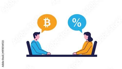 Business partners discussing cryptocurrency investment and interest rates represented by bitcoin and percentage symbols.