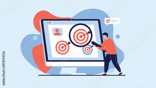 Professional marketing specialist using a magnifying glass to identify business targets and focus on customer data analysis.