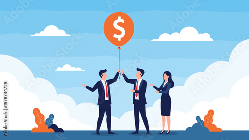 Corporate team members working together to launch a dollar sign balloon representing financial growth and project success.