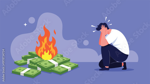 Desperate man kneeling in sorrow next to a pile of burning green cash bills to represent total financial loss.
