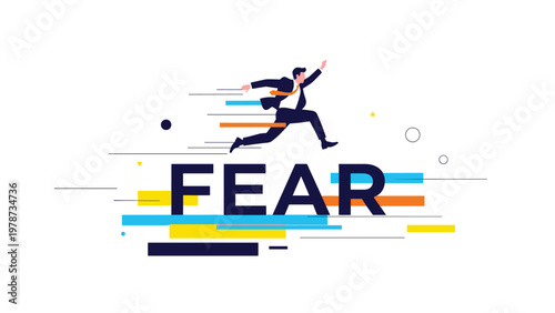 Courageous businessman overcoming obstacles by jumping over the word fear to reach professional success and growth.