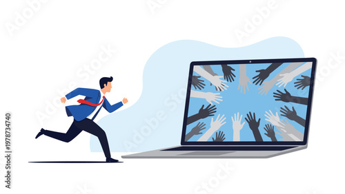 Determined businessman running towards a laptop screen where multiple hands are waiting to collaborate or help.