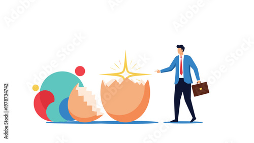 Professional businessman watching a bright star emerge from a cracked egg as a symbol of new ideas and creative birth.