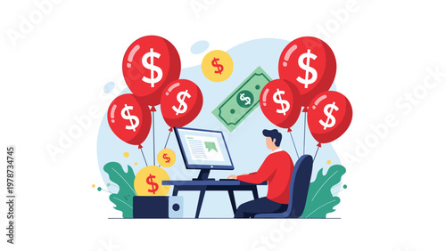 Freelancer working at a computer desk surrounded by floating dollar sign balloons symbolizing successful online income.
