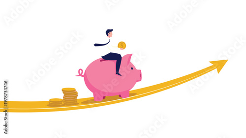Financial expert riding a giant pink piggy bank up a golden growth arrow to demonstrate successful long-term savings.