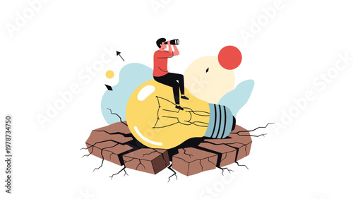 Creative thinker sitting on a large light bulb using binoculars to find solutions and navigate through difficult times.