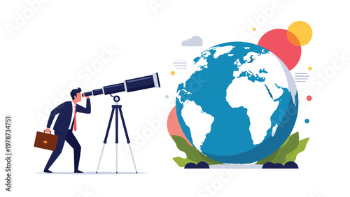 Visionary businessman using a telescope to look at the world globe and explore global market opportunities and trends.