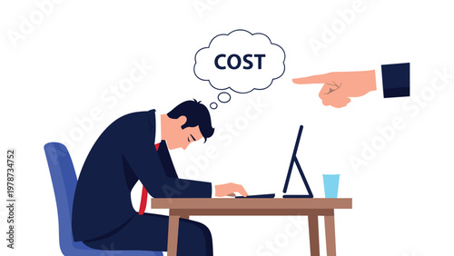 Stressed businessman working at his desk while facing high costs and external pressure represented by a pointing finger.