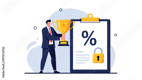 Successful businessman holding a gold trophy near a secured financial document showing percentage and a padlock symbol.