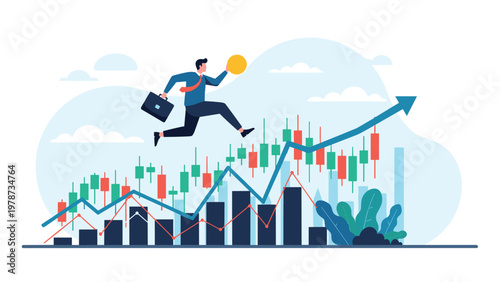 Successful stock market investor jumping across a rising candlestick graph to represent high-speed financial growth.