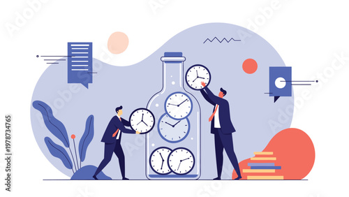 Time management professionals collecting clocks in a large glass bottle to represent effective scheduling and saving time.