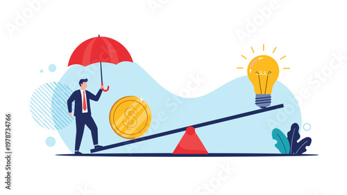Business risk management concept with a professional man balancing financial capital and creative ideas on a seesaw.