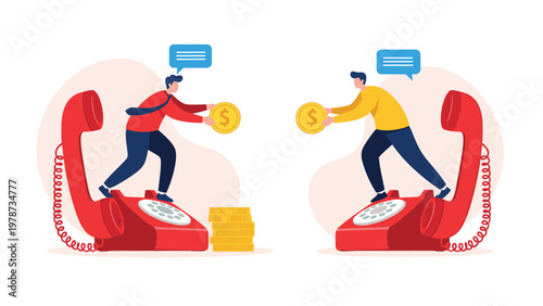 Two professional business partners exchanging coins while standing on large retro telephones to signify telemarketing sales.
