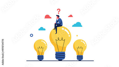 Creative thinker sitting on a large light bulb while contemplating different ideas and solutions for a business problem.