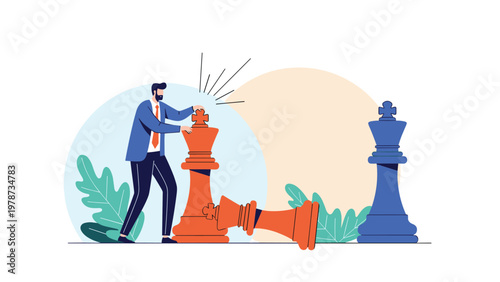 Strategic businessman winning a chess game by moving a giant king piece over a defeated opponent on the board.