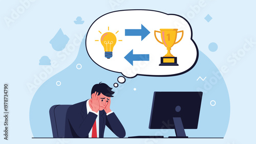 Worried businessman at a desk thinking about the difficult process of converting creative ideas into successful trophies.