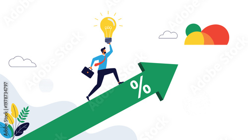 Ambitious businessman entrepreneur running up a green percentage growth arrow while holding a bright idea light bulb.
