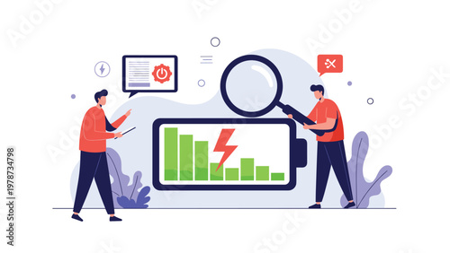Two professional technicians inspecting a low battery level with a magnifying glass to find energy saving solutions.