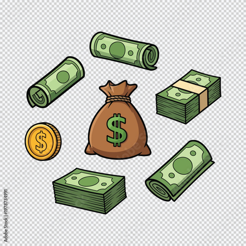 Money bag and stacks of cash and coins business finance