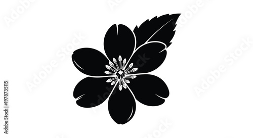 A striking black floral design showcases a blossoming flower with five petals and detailed center silhouette high quality