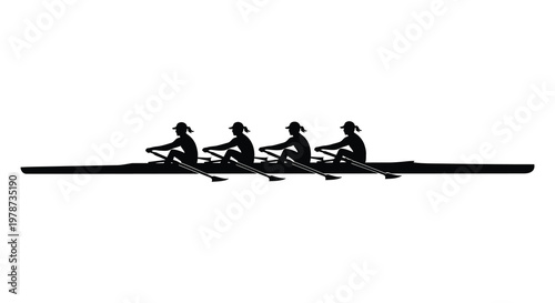 A team of four rowers in a racing shell move across the water captured as a striking silhouette