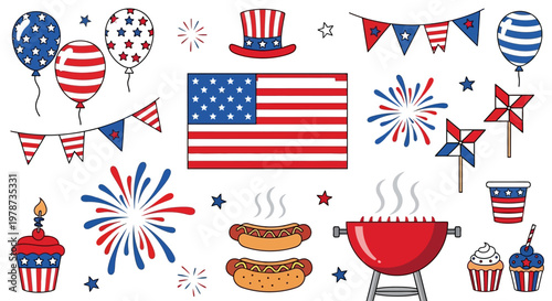American Celebration Icons: Hot Dogs, Cupcakes, Balloons, and Fireworks for July 4th