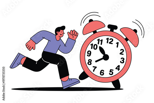 Man in a hurry running past a large alarm clock that is ringing, symbolizing urgency, punctuality, and time management