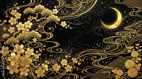 金色の和柄背景｜桜と月を描いた高級感ある和風デザイン素材