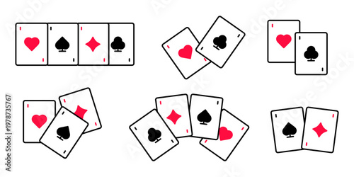 Playing Card icon set. Gambling, Game, Casino, Poker concept. Hearts, spades, diamonds, clubs cards. Vector icons.