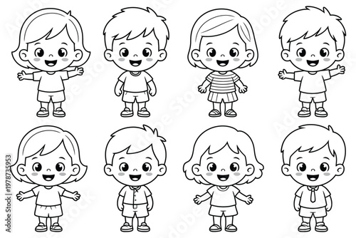 Set of cute diverse children characters in black and white line art style for coloring book or educational materials for young students