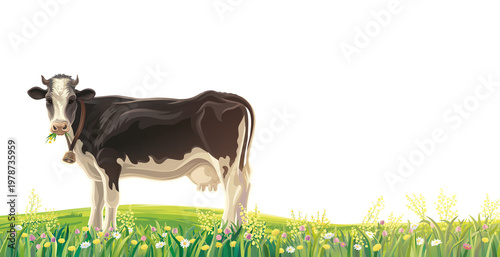 Morning rural landscape with a cow.
Cow,  standing in a meadow, the background of а rural landscape and looking at the viewer.  Raster illustration
