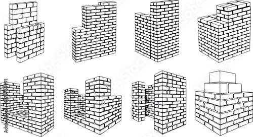 Brick Wall Corner Structures Vector Illustration
