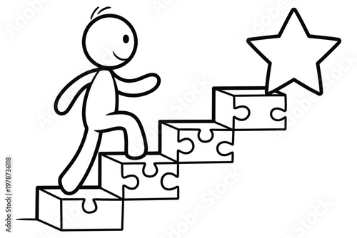 Success achievement concept stick man climbing puzzle staircase toward reaching star representing career growth goals progress development