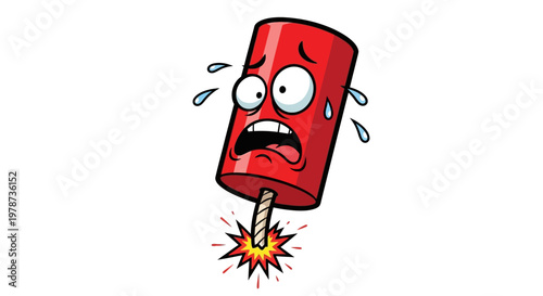 Scared Red Firecracker Cartoon Character With Burning Fuse and Sweat Drops