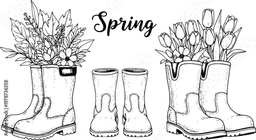 Spring Rubber Boots with Flowers Vector Illustration