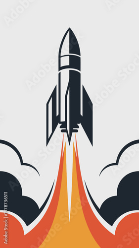rocket launching into space with fiery orange exhaust and smoke trails