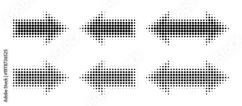 Dynamic arrow icons with halftone gradient effects. Modern digital vector set featuring directional symbols with dot pattern textures for graphic design projects.